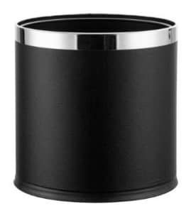 GUEST ROOM ROUND WASTE BIN BLACK LEATHER & S/S RING  25.5X19.5X26.5CM