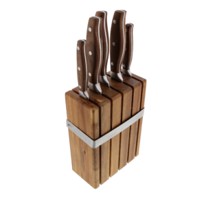 Kitchen Set of 5(Chef, Utility, Paring, Bread, Carving) with Acacia Handle +Cutlery Block Laguiole by Jean Dubost France