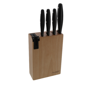 4-Piece Kitchen Knives Set (Chef Knife, Utility Knife, Paring Knife, Bread Knife) with Polypropylene Noir Handle + Wooden Block with Sharpener Laguiole by Jean Dubost France